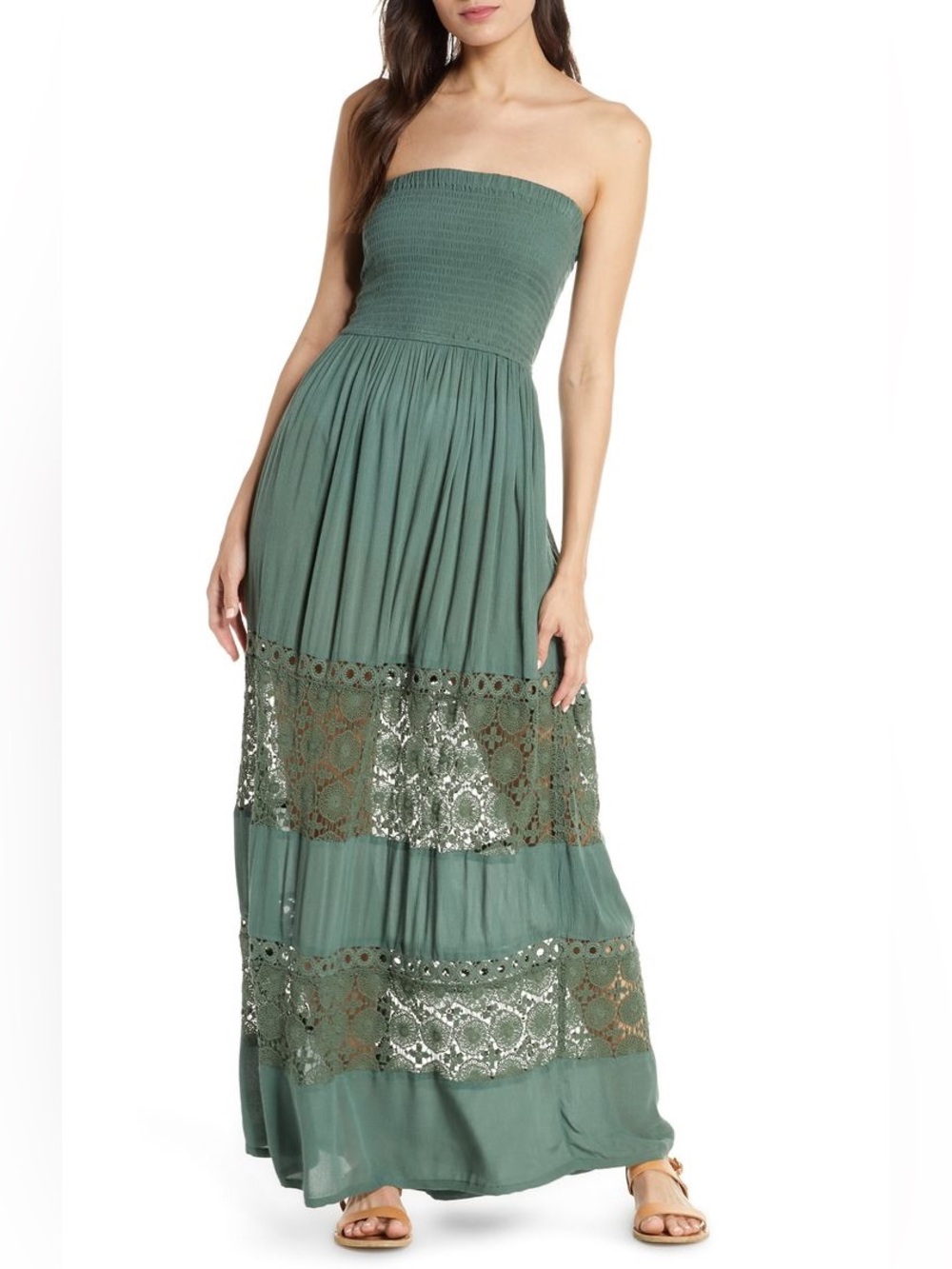 Strapless Crochet-Panel Maxi Dress